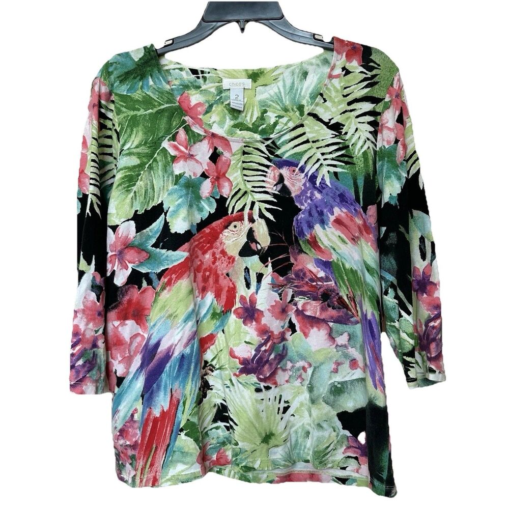 Chico's Top Lg 2 Pullover 3/4 Sleeve Coastal Tropical Parrot Florida Vaca Ready